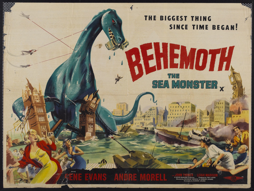 Picture of a Behemoth sea moster destroying London bridge, a
					flyer for an old 1950's film.